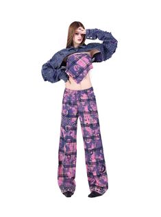 Whimsical two-piece pajama set featuring an all-over print of mystical cats and moons in shades of purple and pink. The long-sleeved top has a relaxed fit with a ruffled hem. Matching wide-leg pants complete the cozy ensemble. Soft fabric ensures comfort for lounging or sleeping. Material Info100% polyester fiber Model info Height: 170cm Weight: 46kg Wearing size: M Pink Relaxed Fit Trendy Sets, Purple Cotton Pants For Pajama Party, Trendy Pink Relaxed Fit Sets, Purple Relaxed Fit Sets For Spring, Trendy Pink Wide Leg Sets, Casual Cotton Festival Set, Casual Cotton Sets For Festival, Taobao Brands, Bandana Top