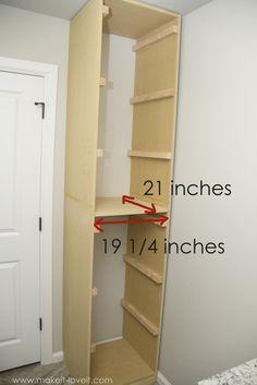 the closet is labeled with measurements for each shelf