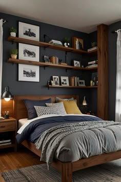 a bed room with a neatly made bed and shelves