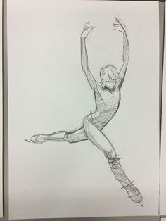 a pencil drawing of a woman in the air with her arms up and legs spread out