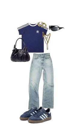 an outfit with jeans, sneakers and a handbag is displayed on a white background