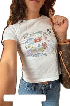 Casual White Fish Print Top, Summer Fish Print Crew Neck Tops, Summer Crew Neck Top With Fish Print, White Cotton Tops With Fish Print, White Cotton Top With Fish Print, Tinned Fish, 90s Baby, Coastal Grandma, Ocean Inspired