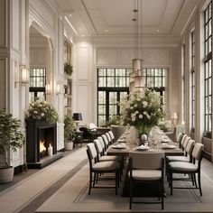 an elegant dining room with white walls and windows