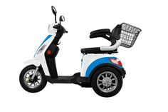 a white and blue scooter with a basket on the front wheel, against a white background