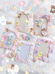 three small frames with teddy bears and other animals on them, all decorated in pastel colors