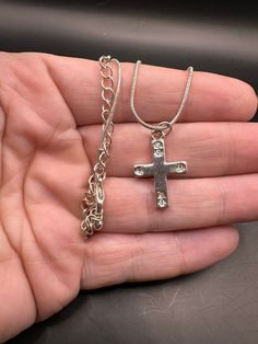 Unique vintage cross.  Great details!  Minor wear on finish. Elegant Nickel-free Cross Pendant Necklace, Vintage Nickel-free Cross Necklace, Metal Rhinestone Cross Pendant Necklace, Metal Cross Pendant Necklace With Rhinestones, Vintage Metal Crucifix Cross Necklace, Vintage Metal Cross Necklace, Vintage Cross Necklace As Gift, Spiritual Metal Cross Necklace, Metal Cross Pendant Necklace