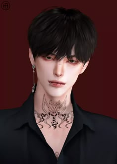 an animated image of a man with tattoos on his neck and chest, wearing a black shirt