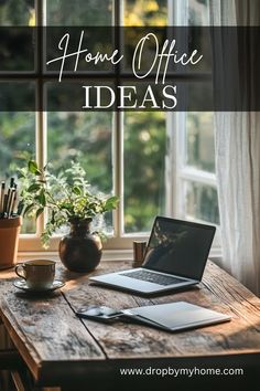 a laptop computer sitting on top of a wooden table next to a window with the words home office ideas