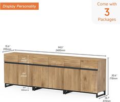 the sideboard is shown with measurements for each drawer and door section, along with three packages