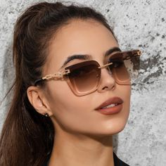 New Fashion Oversize Gradient Sunglasses Women Vintage Alloy Chain Frame Rimless Square Sun Glasses Sunglasses Women Vintage, Summer Street, Rimless Sunglasses, Gradient Sunglasses, Vintage Eyewear, Vintage Summer, Colored Sunglasses, Gradient Color, Square Sunglasses Women