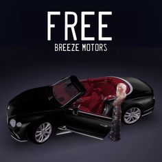 a woman standing next to a black car with the words free freeze motors on it