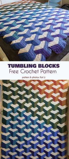 the finished crocheted blanket is shown with text that reads, tumbling blocks free crochet pattern