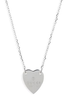 Free shipping and returns on Gucci Trademark Heart Necklace at Nordstrom.com. Cleverly playing off the politics of intellectual property, a heart pendant flaunts its authentic Gucci status on this sterling-silver chain necklace. Girly Necklace, Silver Heart Pendant, Sterling Silver Chain Necklace, Silver Heart Necklace, Jewelry Lookbook, Grad Gifts, Intellectual Property, Girly Jewelry, Keep Jewelry