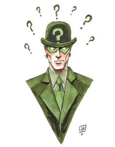 a drawing of a man in a green suit and hat with question marks above his head