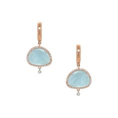 Diamond & Milky Aqua Drop Huggie Pierced Earrings  14K Rose Gold 1.12 Long X 0.55 Wide Luxury 14k Rose Gold Earrings, Rose Gold Gemstone Earrings For Evening, Diamond Teeth, Aqua Earrings, Diamond Bar Necklace, Open Heart Necklace, Diamond Tennis Necklace, Emerald Bracelet, Tourmaline Earrings