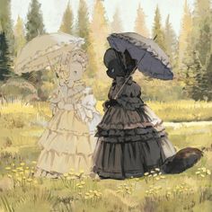 two women with umbrellas are walking in the grass near a dog and some trees