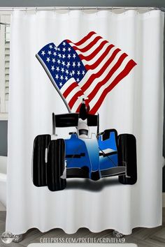 a blue race car with an american flag shower curtain