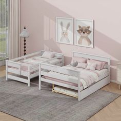 a bedroom with pink walls and two white beds in front of a large window on top of a rug