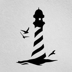 the silhouette of a lighthouse with seagulls flying around it and one bird in flight