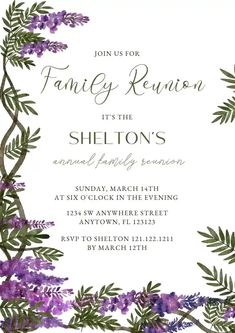 a purple and green floral frame on a white background with the words family reunion, it's the sheilaton's annual party