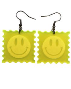 These cute little psychedelic earrings will be sure to show off your colorful personality! Acid Tab Earrings- Lightweight earrings for music festivals, raves & more!- Features a stamp cutout of an engraved smiley face- Comes in fluorescent green, pink, blue, orange & yellow- Exclusive design by OSR- Designed, handmade & laser cut in Las Vegas, NV- Glows under blacklight / UV Reactive- Stainless steel ear wire & jump ring- Rubber earring back included- 1.25” X 1.25“ acrylic charm Acid Tabs, Tab Earrings, Smiley Face Design, Fluorescent Orange, Fluorescent Colors, Uv Reactive, Acrylic Charms, Lightweight Earrings, Music Festivals