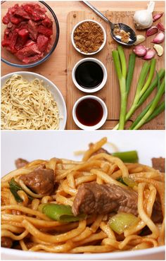 three pictures with different types of food in bowls and on the same plate, including noodles