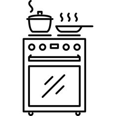 a line drawing of a stove with a frying pan on top