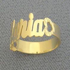 "*Metal: 14k Solid Gold (Yellow or White) *Thickness : 0.9 mm / 20 Gauge / 0.035\" Approx. *First Capital Letter: 3/8 Inch (11 mm) Approx. *Bottom Band: 3/16 Inch (5 mm) Approx. *Premium high end quality solid 14K gold yellow or white, personalized any name up to 8 letters. *All my personalized jewelry made in Los Angeles CA USA ('14K USA' hallmark inside of ring band). *All personalized jewelry made and ship from Los Angeles CA USA. *Offer 1 year free warranty and from the date of you receive, Gold Sterling Silver Initial Ring For Promise, Gold Sterling Silver Engraved Ring For Promise, Gold Plated Engraved Ring With Polished Finish For Anniversary, Gold Sterling Silver Heart Ring, Yellow Gold Initial Ring For Anniversary, Tarnish Resistant, Yellow Gold Engraved Initial Ring For Promise, Yellow Gold Initial Ring For Anniversary, Personalized Yellow Gold Rings In Fine Jewelry Style, Personalized Gold Sterling Silver Ring