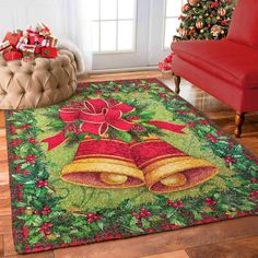 a christmas themed area rug with bells and holly