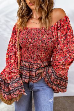 Red Floral Print Off-shoulder Smocked Flare Sleeve Top