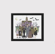 a cross stitch pattern with an image of people dressed up in halloween costumes and bats