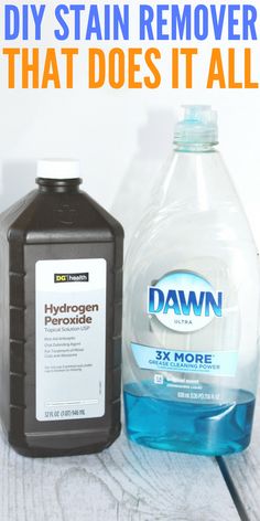 a bottle of water and a container of hydrogen on a table with the words diy stain remover that does it all