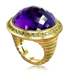 Inspired by the grandeur of antiquity, the Symbolica collection is enriched with meaning. The hand-carved gallery that reveals itself through the dramatic amethyst center creates an illusion of ancient symbols that in turn form an aura of timeless mystery. The ring is made in 18 karat yellow gold with finest peridots surrounding the hand-cut amethyst center. Handmade with love in NYC from responsibly sourced materials. Limited Edition. Textured Gold Ring, Convertible Earrings, Sapphire Cocktail Ring, Vintage Cocktail Ring, Diamond Fashion Rings, Emerald Diamond Ring, Textured Ring, Diamond Cocktail Rings, Amethyst Jewelry