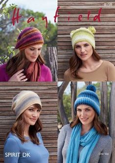 four different hats and scarves are shown in the same pattern as well as one woman's hat