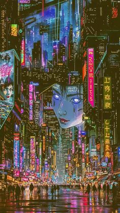 a cityscape with neon lights and people walking on the street