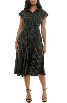 Metallic stripes and dashes elevate a sophisticated shirtdress fashioned with a removable tie belt and handy side pockets. 47" length Front button closure Spread collar Cap sleeves Side-seam pockets Removable tie belt Unlined 100% polyester Machine wash, tumble dry Imported Chic Black A-line Belted Dress, Casual Fitted Belted Dress With Tie Waist, Black Collared Dress With Placket, Collared Black Midi Dress For Summer, Black Collared Midi Dress For Summer, Fitted Black Belted Dress For Summer, Casual Black Belted Dress, Collared Black Midi Dress For Work, Elegant Black Belted Dress With Short Sleeves