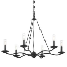 a black chandelier with six lights hanging from the center and five candles on each end