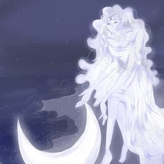 a woman standing on top of a crescent next to the moon in the night sky