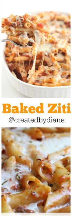 baked ziti with cheese and sauce in a casserole dish on a white plate