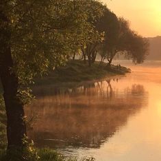 the sun is setting over a river with trees and water in front of it on a foggy day