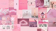 a collage of pink and white images