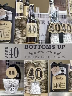 the bottles are decorated with black and white paper, which reads 40 bottoms up cheers to forty years