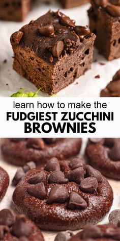 chocolate fudge brownies with text overlay that reads learn how to make the fudgest zucchini brownies