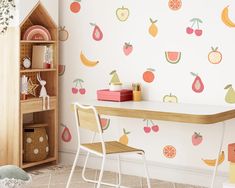 a room with fruit wallpaper and a desk