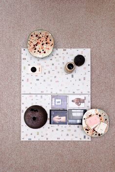 an overhead view of plates and bowls on a table