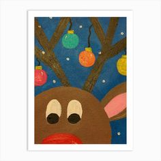 a painting of a reindeer's face with christmas ornaments hanging from the tree branches