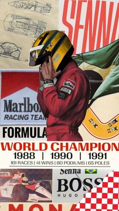 an advertisement for the formula world championship featuring a man in a racing suit and helmet