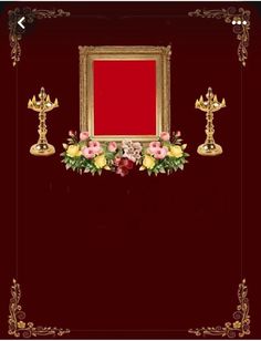 an ornate gold frame with flowers and candles on the side, in front of a red background