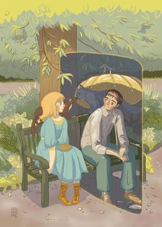 a man and woman sitting on a bench under an umbrella