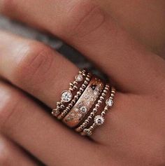 Rose Gold Stackable Rings, Rose Gold Ring Set, Stackable Diamond Rings, Ring Sets Boho, Sparkly Ring, Vintage Rose Gold, Diamond Stacking Rings, Rose Gold Crystal, Rhinestone Ring